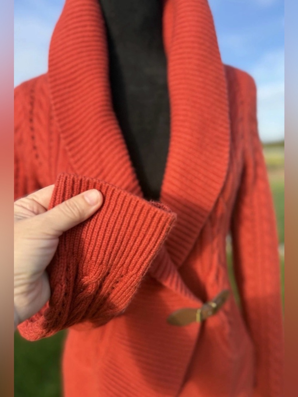 Talbots Rustic Orange Cable Knit Cardigan Buckle Shawl Collar Small - Picture 6 of 14